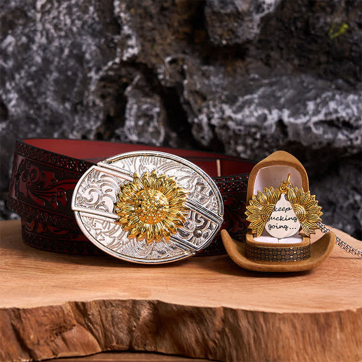 Gold & Silver DIY Sunflower Theme Hidden Knife Belt Buckle Necklace Bundle Set - Gold & Gold - Brown Carved Belt - 42 - image 8