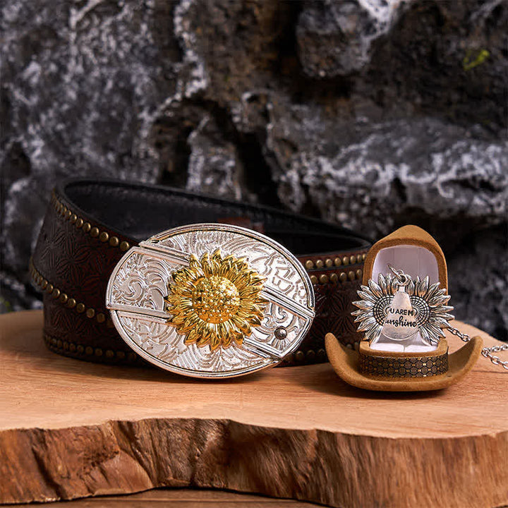 Gold & Silver DIY Sunflower Theme Hidden Knife Belt Buckle Necklace Bundle Set - Gold & Silver - Brown Rivet Belt - 42 - image 20
