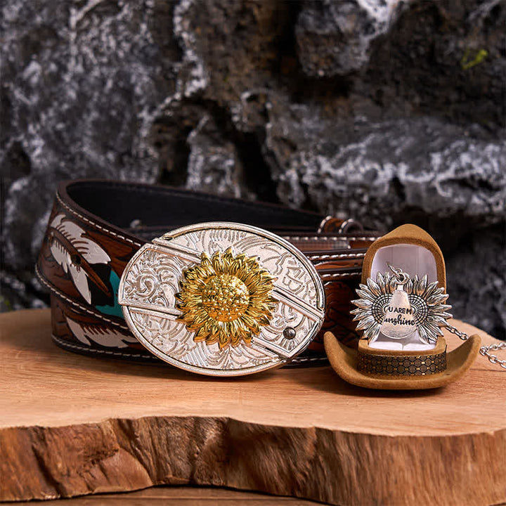 Gold & Silver DIY Sunflower Theme Hidden Knife Belt Buckle Necklace Bundle Set - Gold & Silver - Brown Feather Belt - 40 - image 23