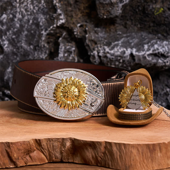 Gold & Silver DIY Sunflower Theme Hidden Knife Belt Buckle Necklace Bundle Set - Gold & Gold - Brown Distressed Belt - 42 - image 7