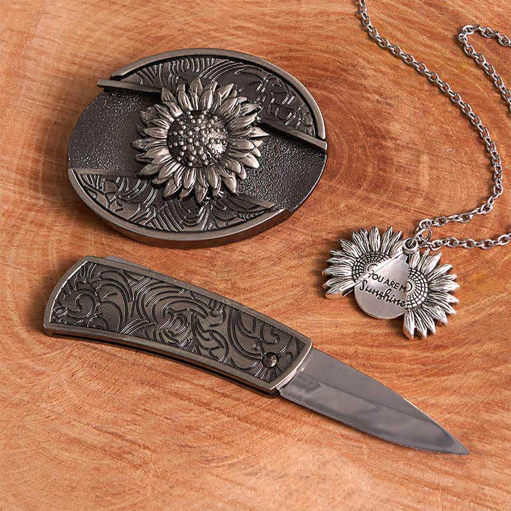 Silver DIY Sunflower Theme Hidden Knife Belt Buckle Necklace Bundle Set