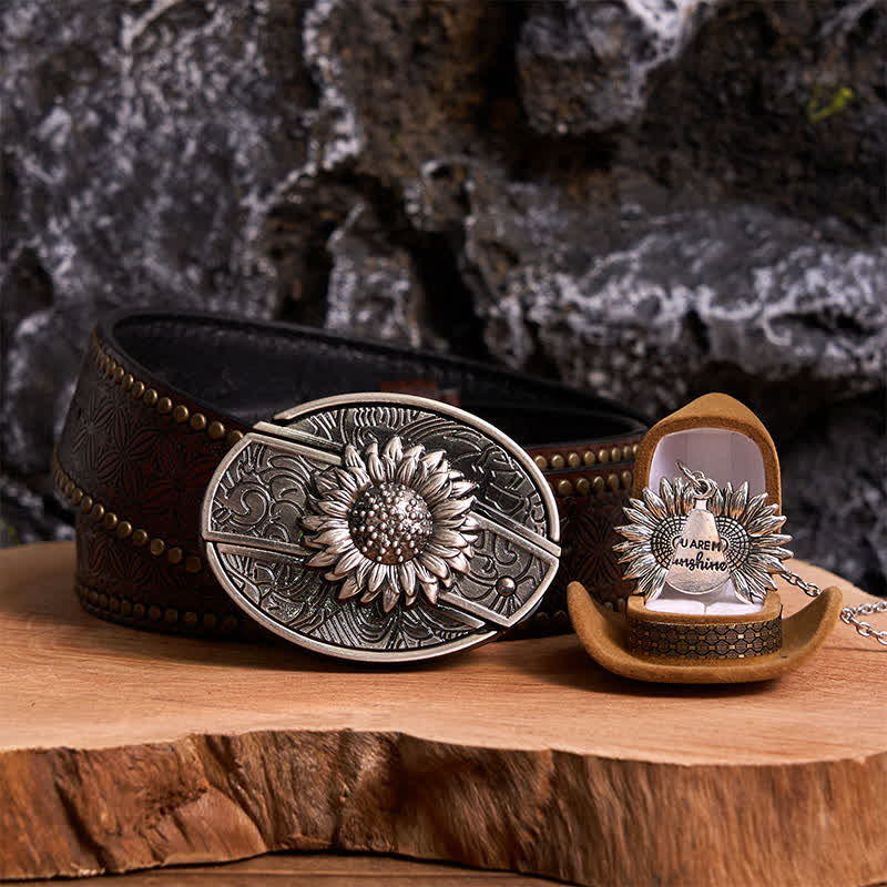 Silver DIY Sunflower Theme Hidden Knife Belt Buckle Necklace Bundle Set - Silver & Silver - Brown Rivet Belt - 42 - image 6