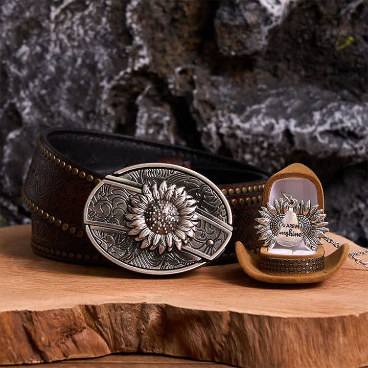 Silver DIY Sunflower Theme Hidden Knife Belt Buckle Necklace Bundle Set - Silver & Silver - Brown Rivet Belt - 42 - image 6