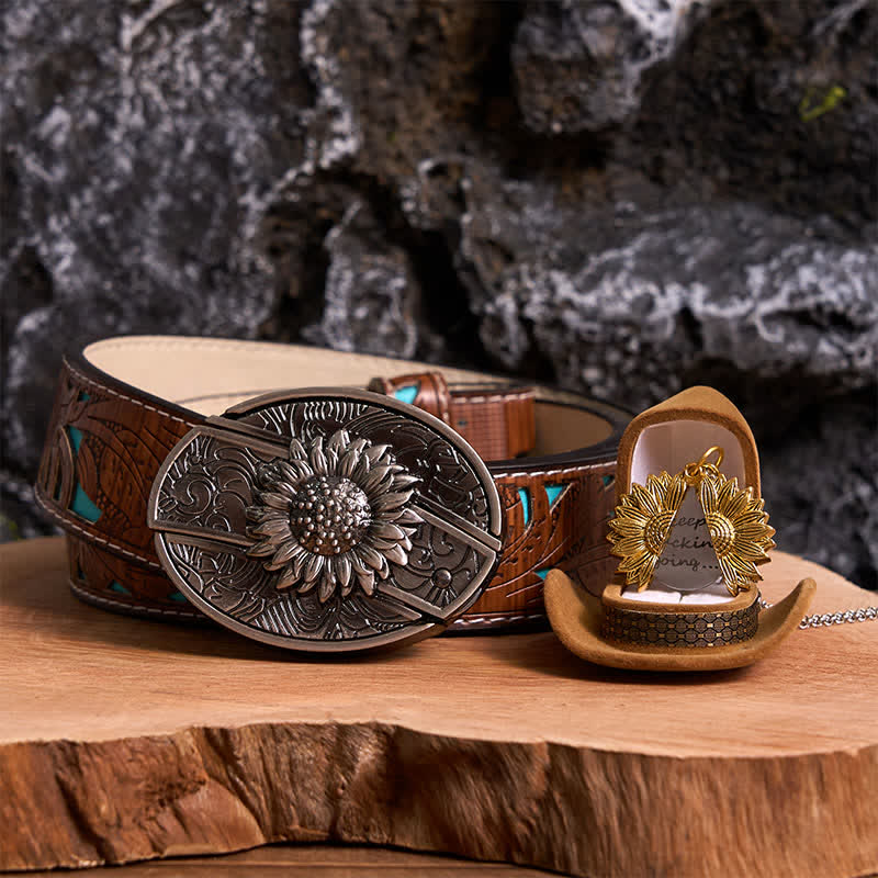 Silver DIY Sunflower Theme Hidden Knife Belt Buckle Necklace Bundle Set - Silver & Gold - Turquoise Carved Belt - 42 - image 19