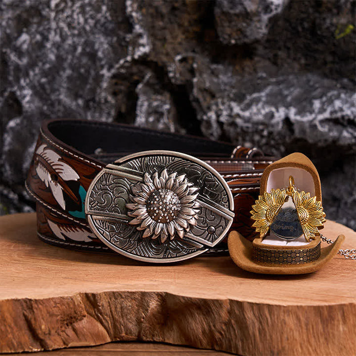 Silver DIY Sunflower Theme Hidden Knife Belt Buckle Necklace Bundle Set - Silver & Gold - Brown Feather Belt - 40 - image 23
