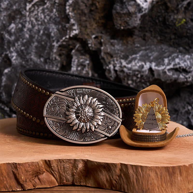 Silver DIY Sunflower Theme Hidden Knife Belt Buckle Necklace Bundle Set - Silver & Gold - Brown Rivet Belt - 42 - image 20