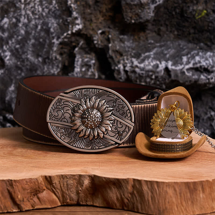 Silver DIY Sunflower Theme Hidden Knife Belt Buckle Necklace Bundle Set - Silver & Gold - Brown Distressed Belt - 42 - image 21