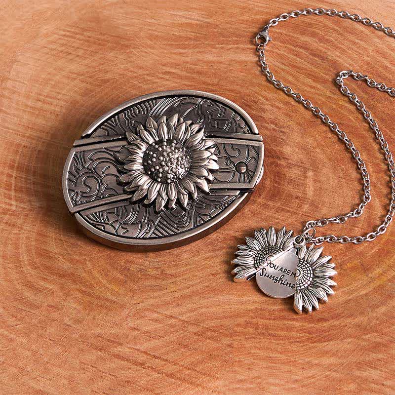 Silver DIY Sunflower Theme Hidden Knife Belt Buckle Necklace Bundle Set