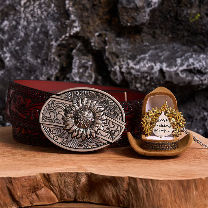 Silver DIY Sunflower Theme Hidden Knife Belt Buckle Necklace Bundle Set - Silver & Gold - Brown Carved Belt - 42 - image 22
