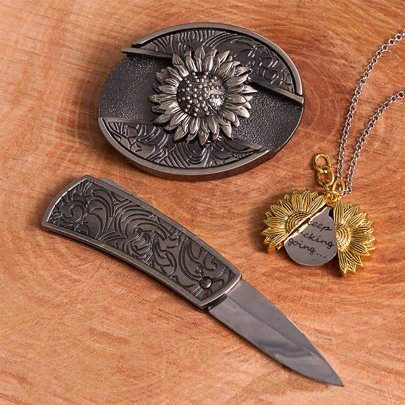 Silver DIY Sunflower Theme Hidden Knife Belt Buckle Necklace Bundle Set
