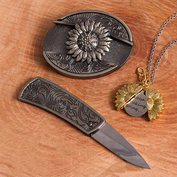 Silver DIY Sunflower Theme Hidden Knife Belt Buckle Necklace Bundle Set