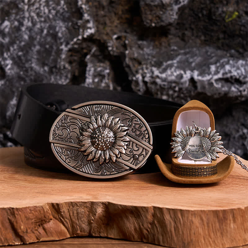 Silver DIY Sunflower Theme Hidden Knife Belt Buckle Necklace Bundle Set - Silver & Silver - Black Embossed Eagle Belt - 42 - image 4