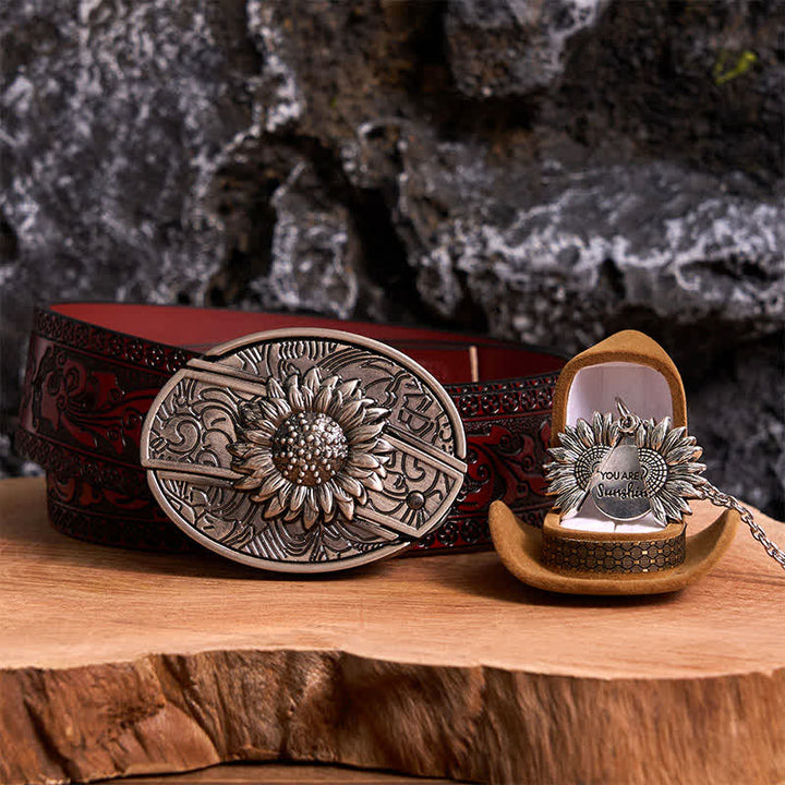 Silver DIY Sunflower Theme Hidden Knife Belt Buckle Necklace Bundle Set - Silver & Silver - Brown Carved Belt - 42 - image 8