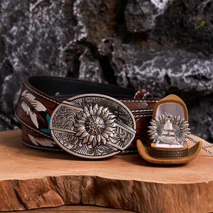 Silver DIY Sunflower Theme Hidden Knife Belt Buckle Necklace Bundle Set - Silver & Silver - Brown Feather Belt - 40 - image 0