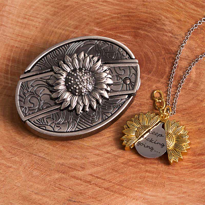 Silver DIY Sunflower Theme Hidden Knife Belt Buckle Necklace Bundle Set