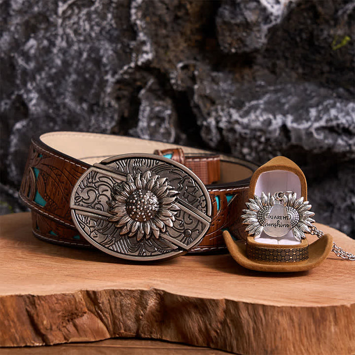 Silver DIY Sunflower Theme Hidden Knife Belt Buckle Necklace Bundle Set - Silver & Silver - Turquoise Carved Belt - 42 - image 5