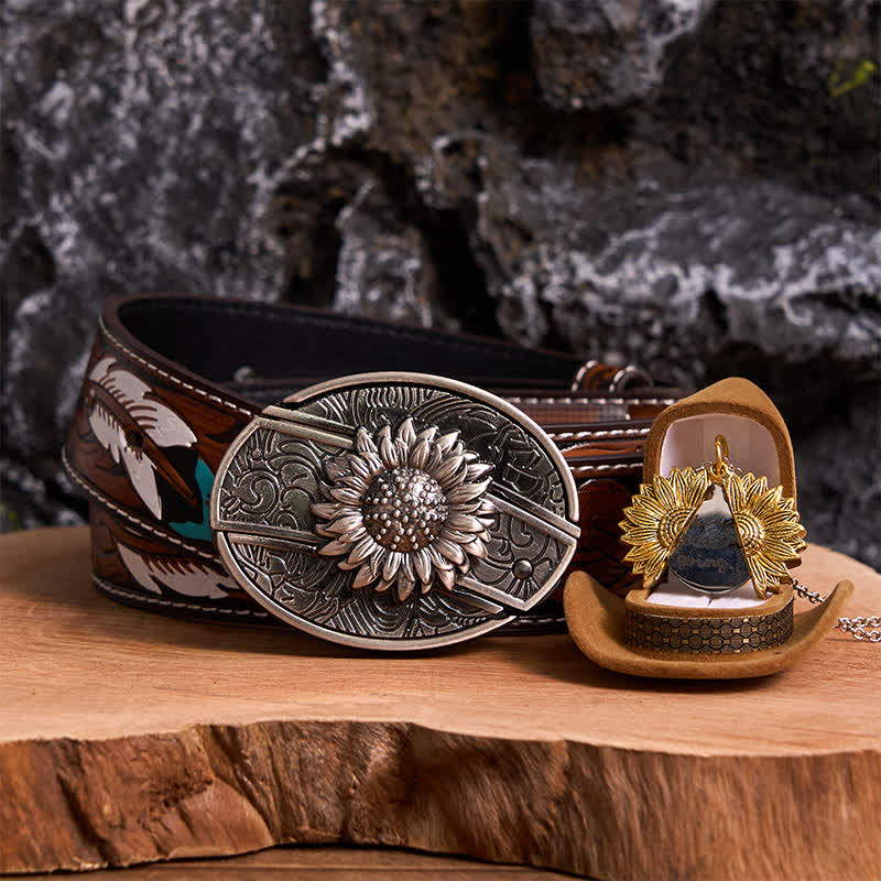 Silver DIY Sunflower Theme Hidden Knife Belt Buckle Necklace Bundle Set - Silver & Gold - Brown Feather Belt - 40 - image 23
