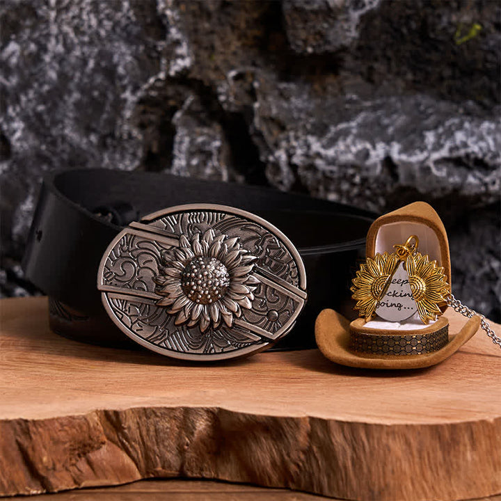 Silver DIY Sunflower Theme Hidden Knife Belt Buckle Necklace Bundle Set - Silver & Gold - Black Embossed Eagle Belt - 42 - image 18