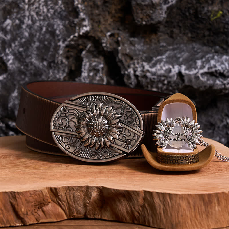 Silver DIY Sunflower Theme Hidden Knife Belt Buckle Necklace Bundle Set - Silver & Silver - Brown Distressed Belt - 42 - image 7