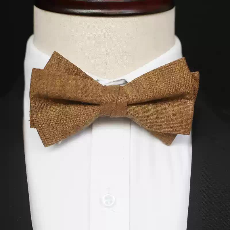 Men's Dark Goldenrod Solid Color Linen Bow Tie - Style #5 - image 10