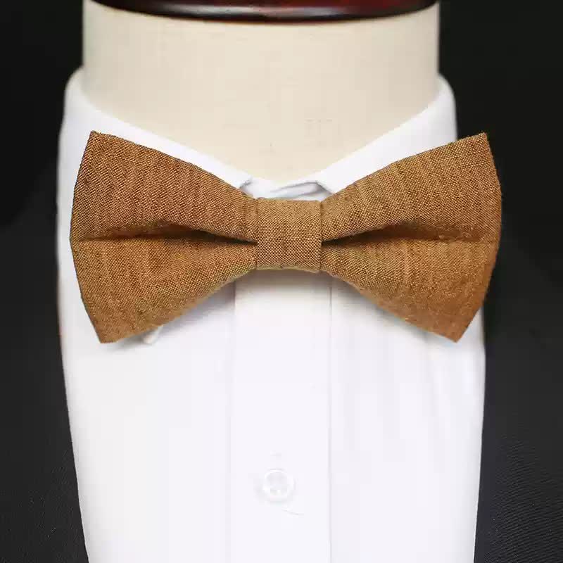Men's Dark Goldenrod Solid Color Linen Bow Tie - Style #1 - image 2