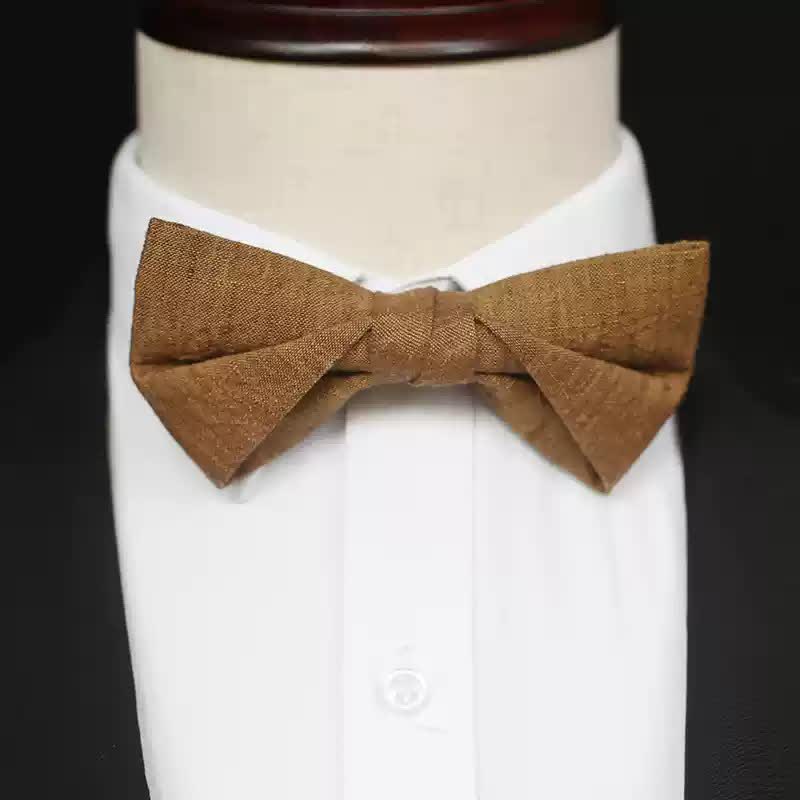 Men's Dark Goldenrod Solid Color Linen Bow Tie - Style #2 - image 4