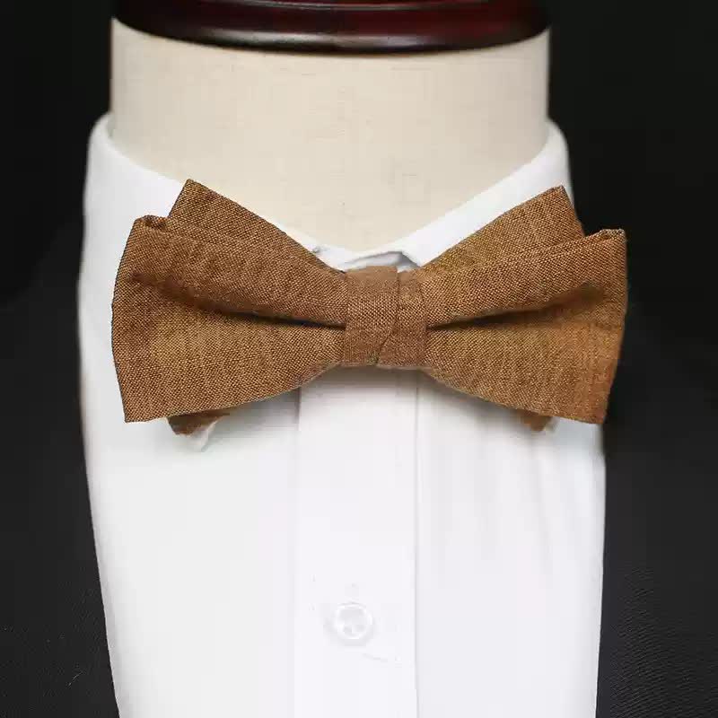 Men's Dark Goldenrod Solid Color Linen Bow Tie - Style #3 - image 6