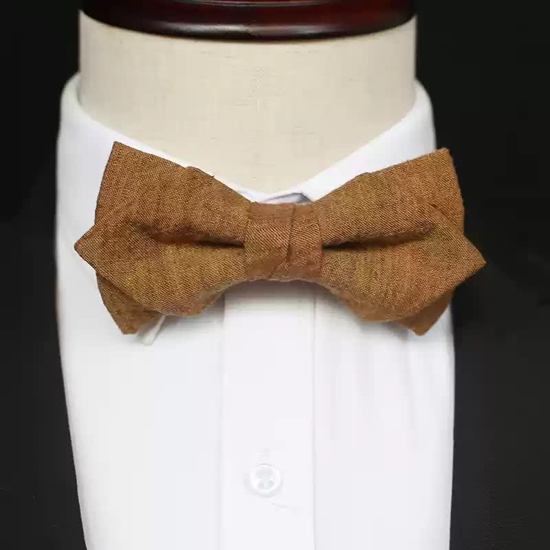Men's Dark Goldenrod Solid Color Linen Bow Tie - Style #4 - image 8