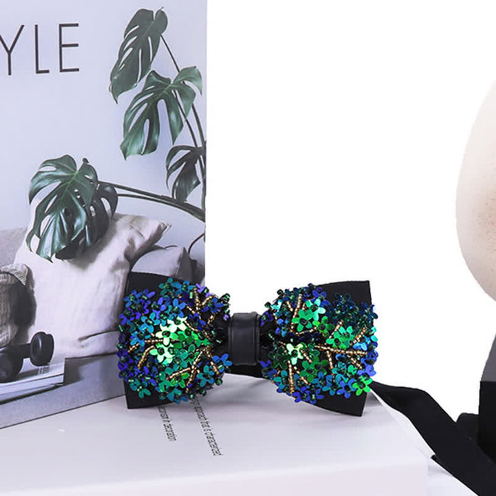 Shimmering Green & Blue Flower Shape Sequins Bow Tie - image 2