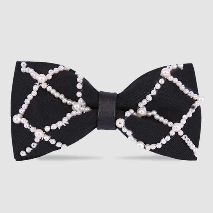 Elegant Hand-Embroidered Black & White Pearls Bow Tie