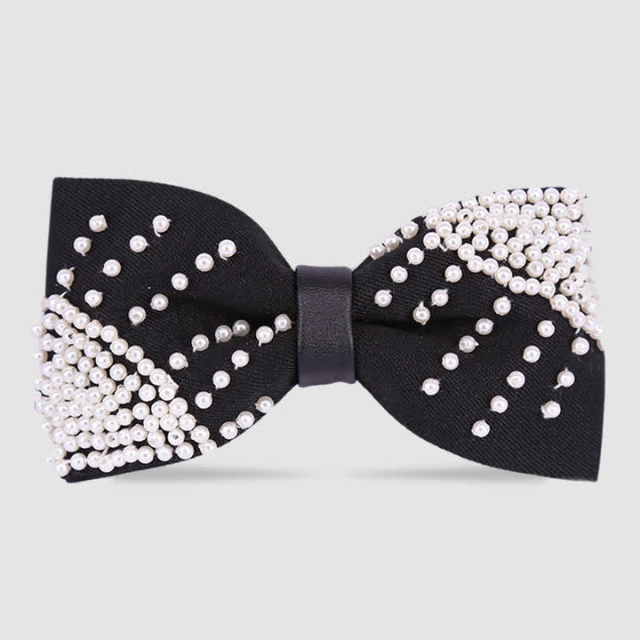 Elegant Hand-Embroidered Black & White Pearls Bow Tie