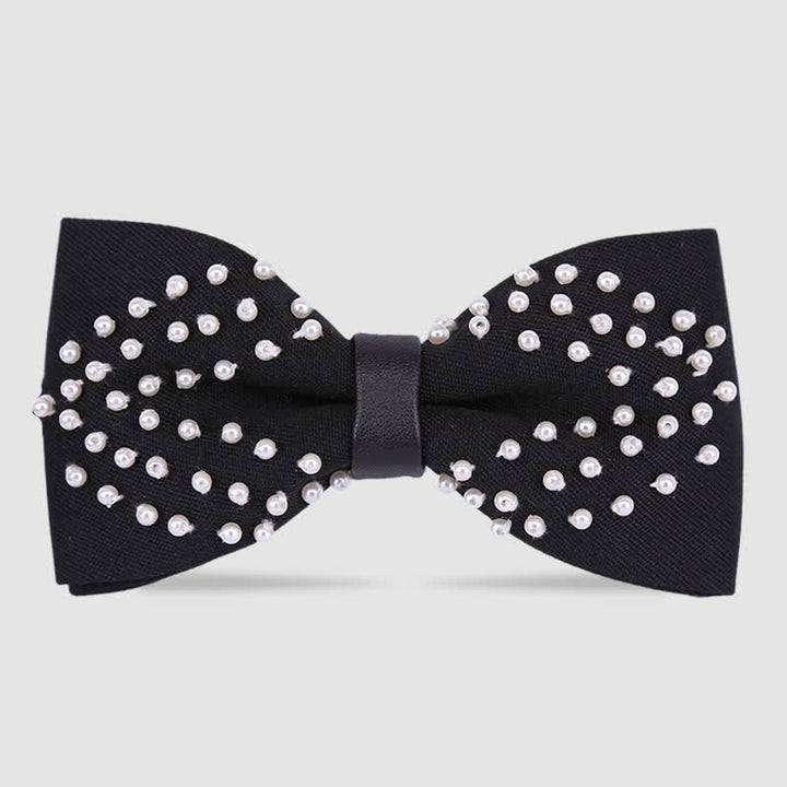 Elegant Hand-Embroidered Black & White Pearls Bow Tie