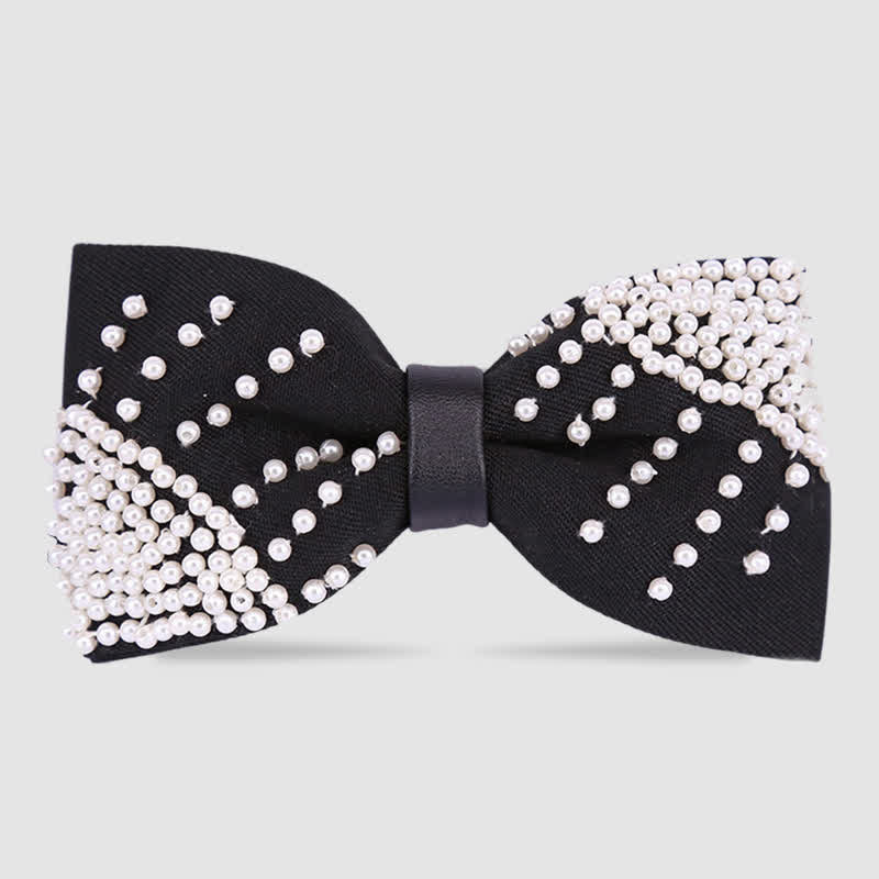 Elegant Hand-Embroidered Black & White Pearls Bow Tie - Style #4 - image 3