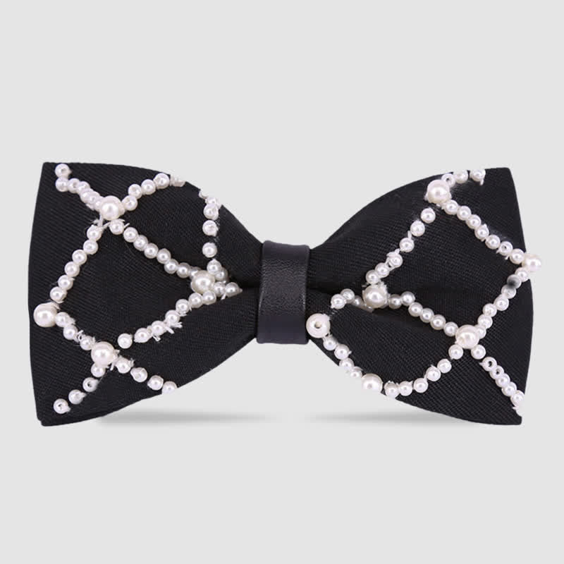 Elegant Hand-Embroidered Black & White Pearls Bow Tie - Style #2 - image 1