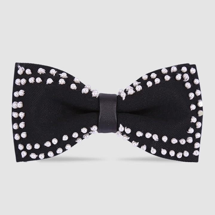 Elegant Hand-Embroidered Black & White Pearls Bow Tie