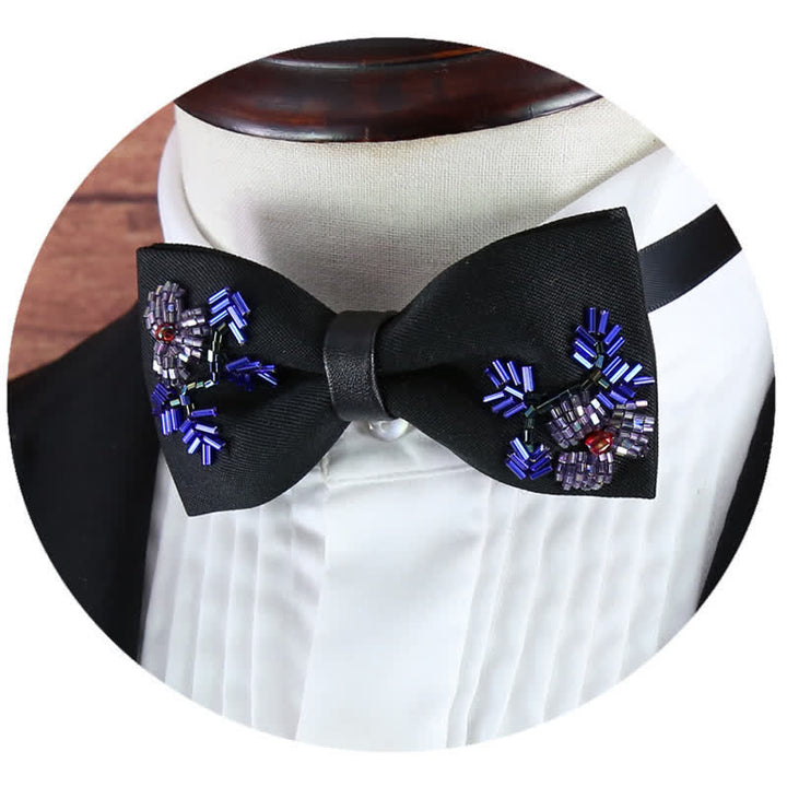 Flower Shape Beaded Embroidery Black Bow Tie - image 1
