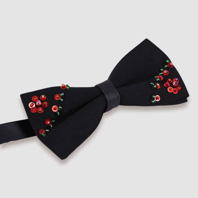 Flower Shape Beaded Embroidery Black Bow Tie