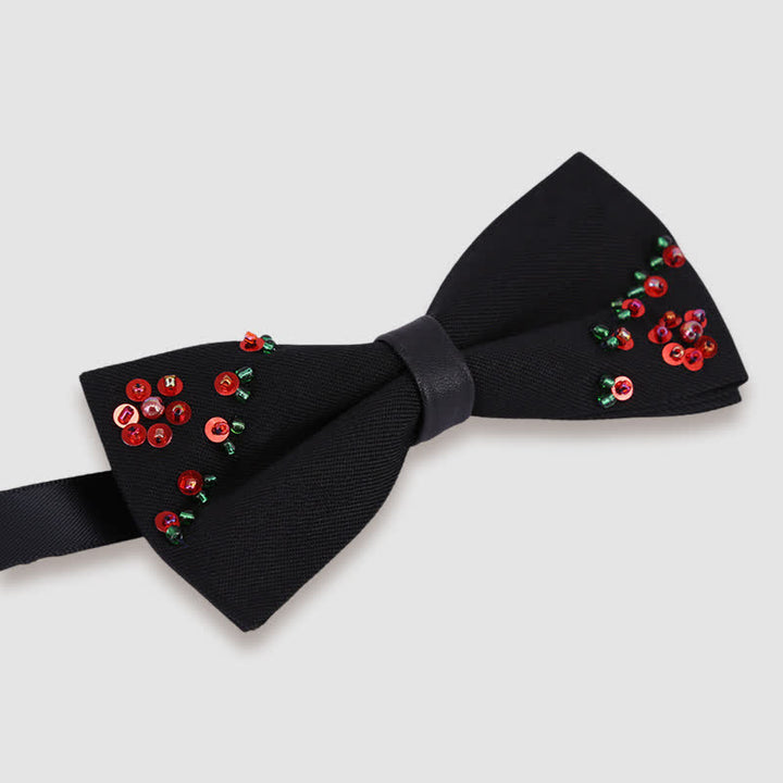 Flower Shape Beaded Embroidery Black Bow Tie