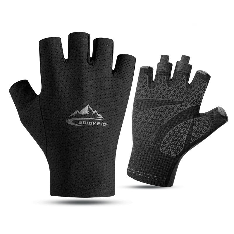 Outdoor Ice Silk Sun Protection Breathable Half Finger Gloves - Black - L - image 6