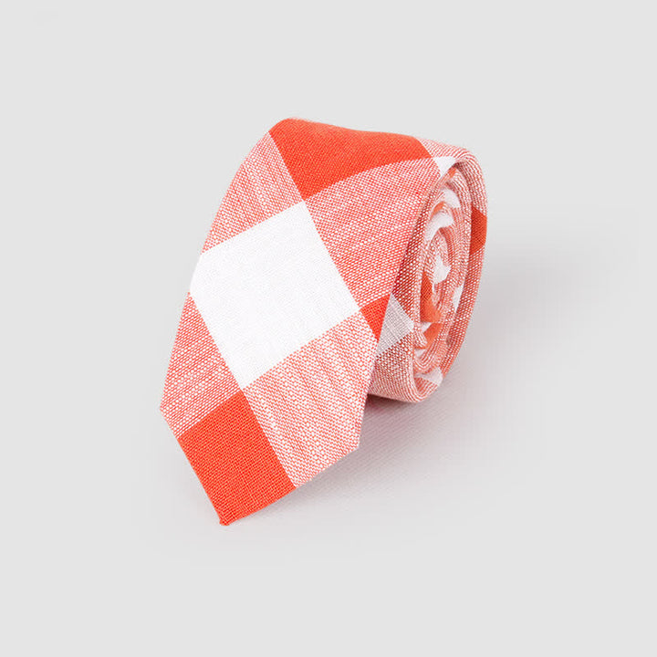 Men's Simple Classic Checked Pattern Cotton Linen Necktie - Orange - image 4