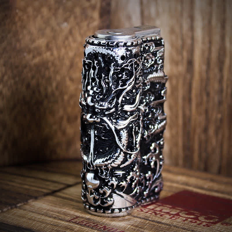 Embossed Dragon Detachable Shell Refillable Kerosene Lighter - Style #1 - Antique Silver - image 3