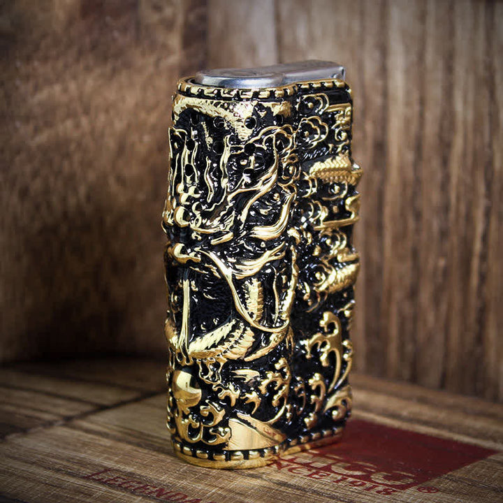 Embossed Dragon Detachable Shell Refillable Kerosene Lighter - Style #1 - Antique Gold - image 2