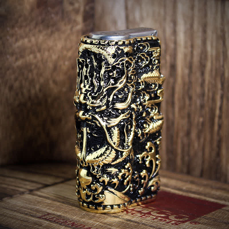 Embossed Dragon Detachable Shell Refillable Kerosene Lighter - Style #1 - Antique Gold - image 2