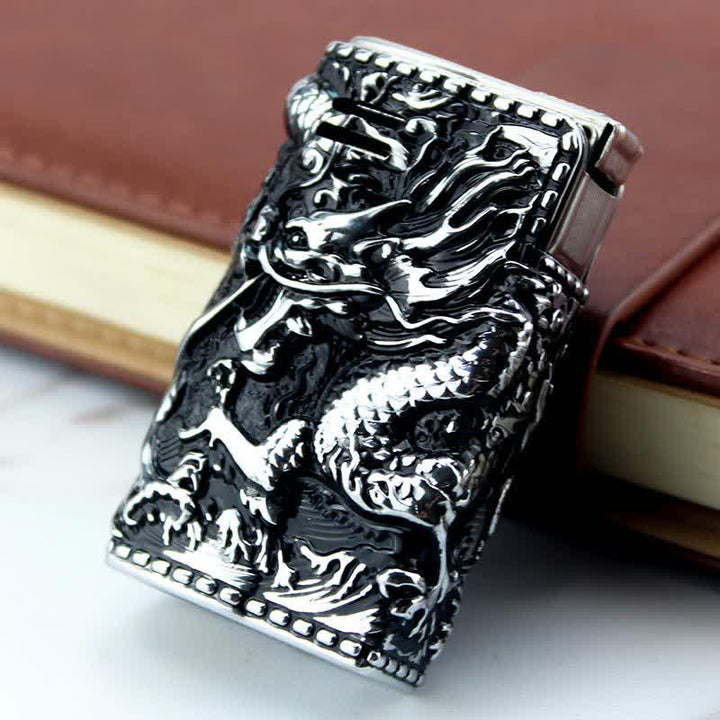 Embossed Dragon Detachable Shell Refillable Kerosene Lighter - Style #3 - Antique Silver - image 11