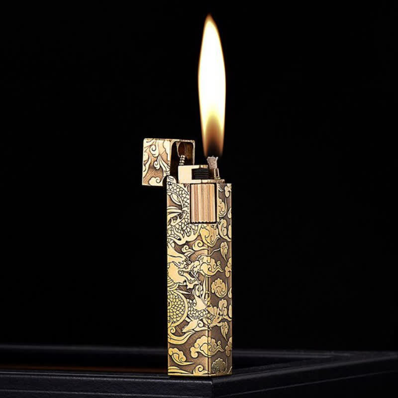 Cube Shape Carved Dragon Brass Refillable Kerosene Lighter - image 1