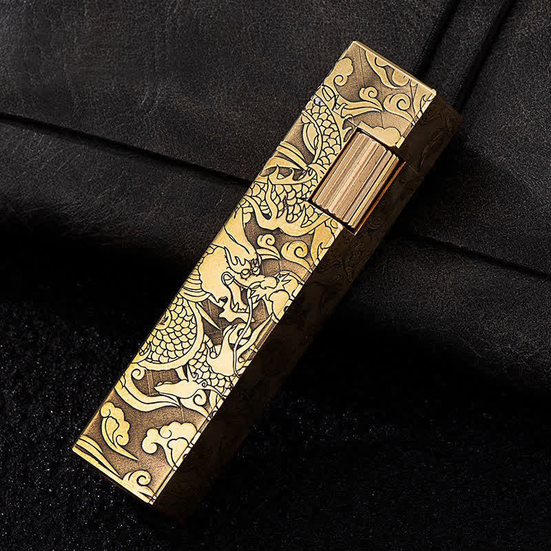 Cube Shape Carved Dragon Brass Refillable Kerosene Lighter - Brass - image 0