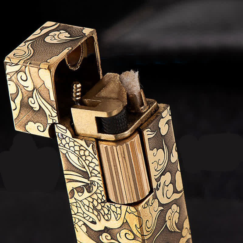 Cube Shape Carved Dragon Brass Refillable Kerosene Lighter - image 2