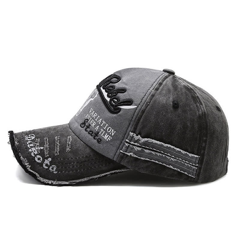 Letter Embroidered Longhorn Bull Head Washed Baseball Cap