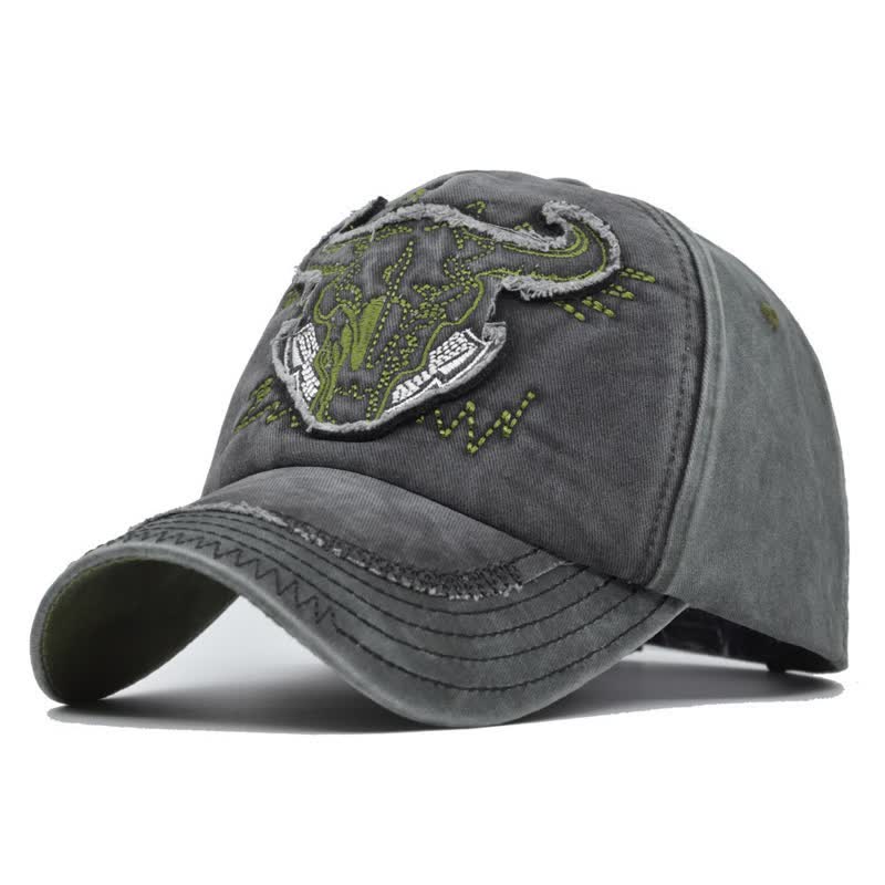 Vintage Street Style Embroidered Bull Washed Baseball Cap - Black - Adjustable (21 1/4"-23 5/8") - image 2