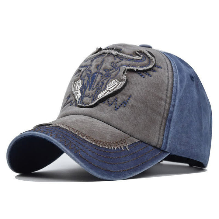 Vintage Street Style Embroidered Bull Washed Baseball Cap - Coffee & Blue - Adjustable (21 1/4"-23 5/8") - image 0